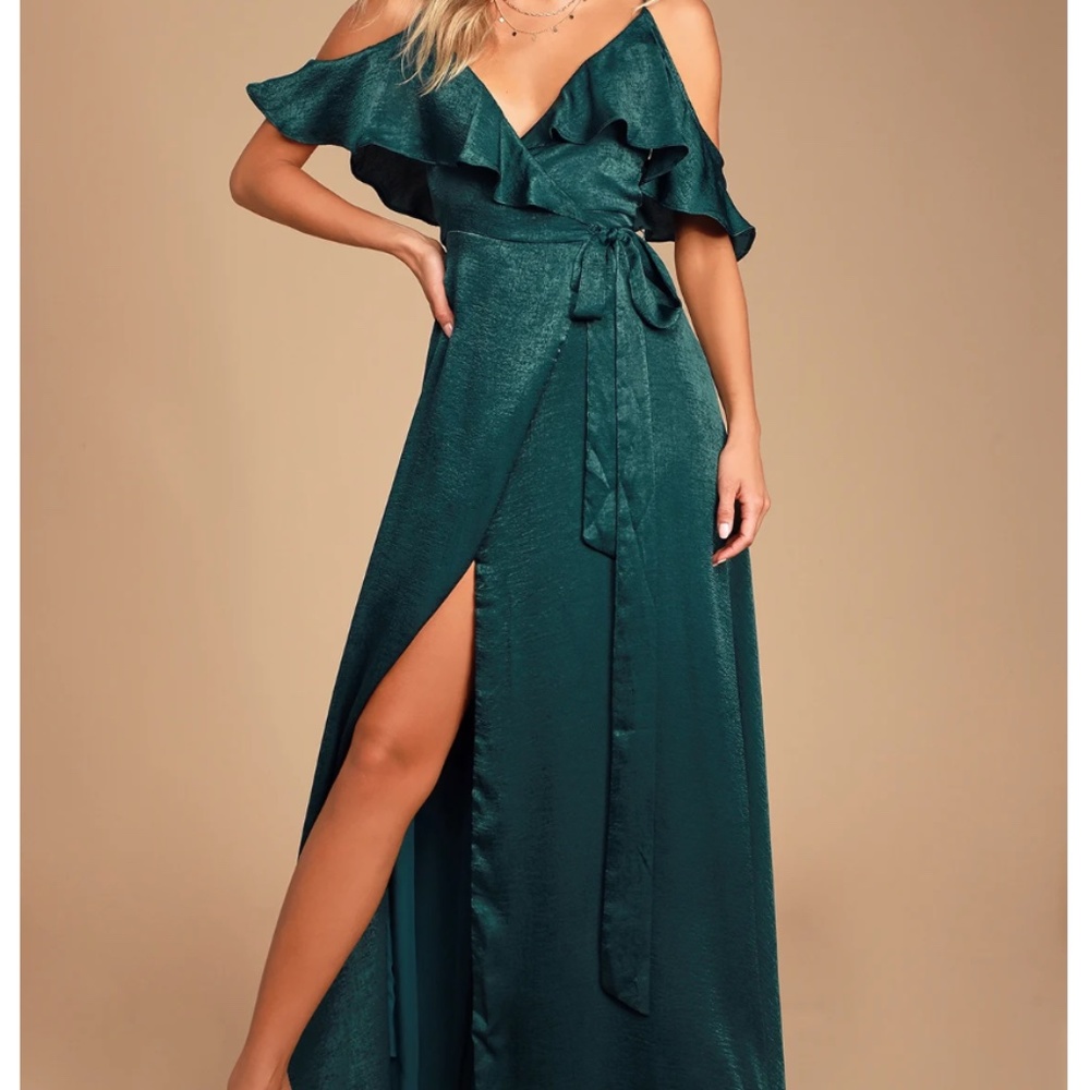 Lulu's Moriah Emerald Green Satin Wrap Maxi Dress